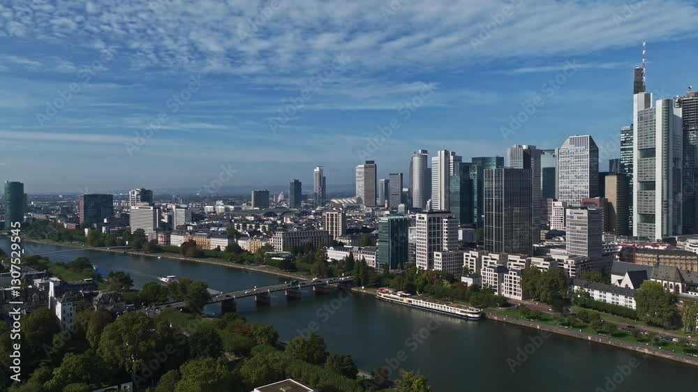 Aerial Drone View of Frankfurt’s Financial District with Modern Skyscrapers Rising Over Historic Rooftops . Aerial Drone View of Frankfurt’s Financial District with Modern Skyscrapers Rising Over Historic Rooftops .
