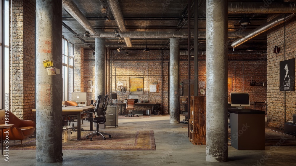 Spacious room with exposed brick walls, pillars, and pipes, creating an industrial aesthetic. Perfect for a modern and comfortable office workspace. Spacious room with exposed brick walls, pillars, and pipes, creating an industrial aesthetic. Perfect for a modern and comfortable office workspace.