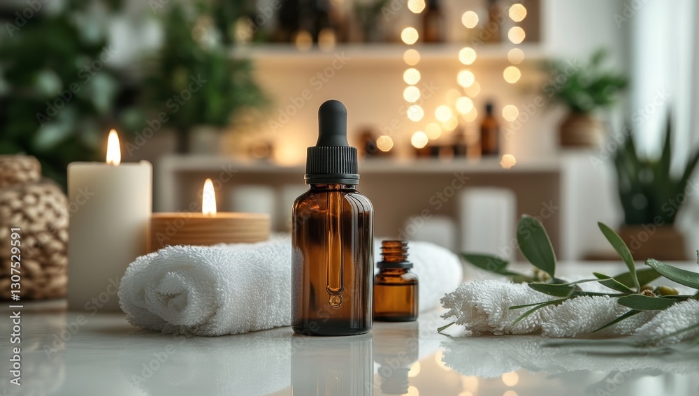 Spa aromatherapy oils and candles on marble Spa aromatherapy oils and candles on marble