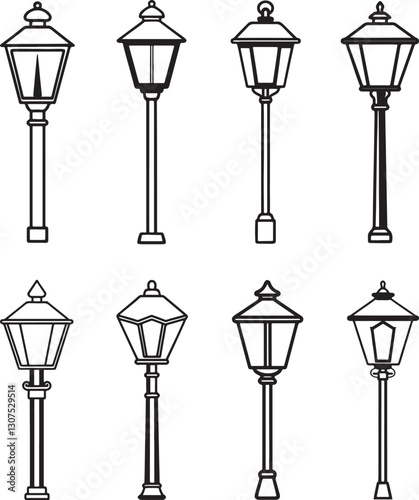 set of street lamp line art, black outline, vector and illustration, coloring book page line art drawing