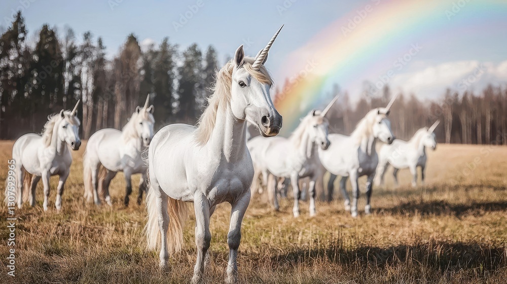 Obraz premium A serene scene featuring a group of majestic white unicorns in a golden field, illuminated by a vibrant rainbow in the background.
