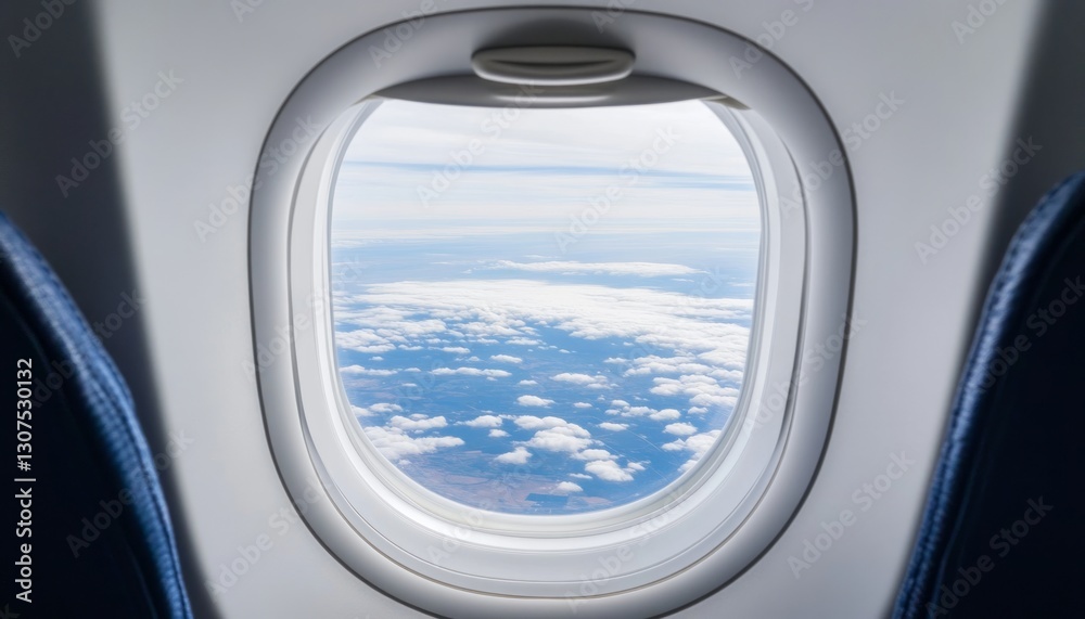 Airplane window view of Earth's cloudscape from inside the plane Airplane window view of Earth's cloudscape from inside the plane