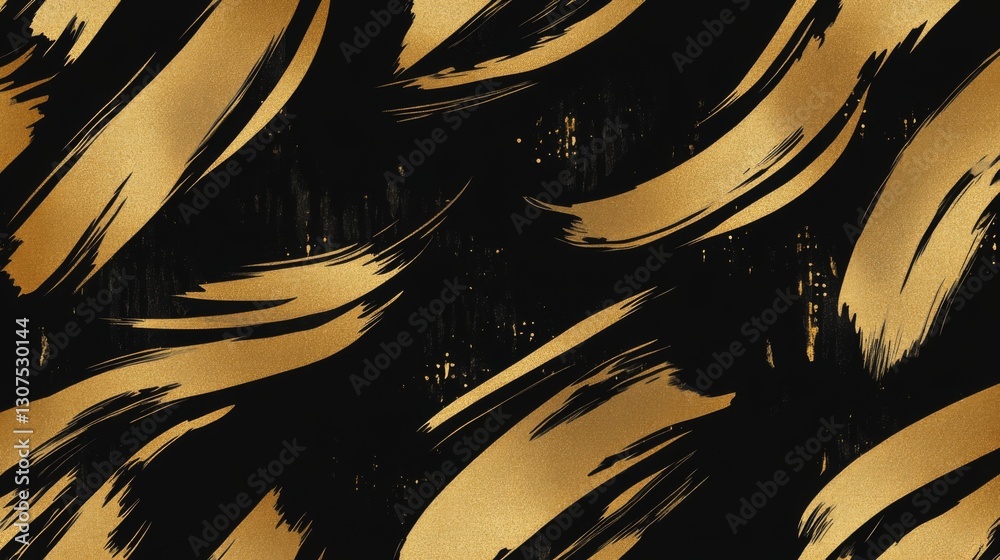 Fototapeta premium Abstract gold brush strokes on black background with dynamic, modern patterns