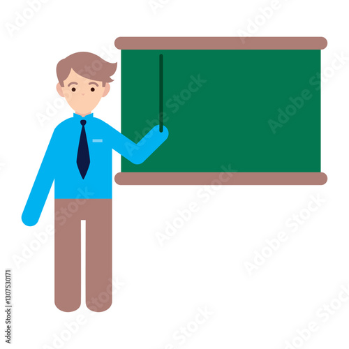 Vector Illustration of a Male Teacher Giving a Lesson with a Pointer Stick in Front of a Blackboard in Flat Style