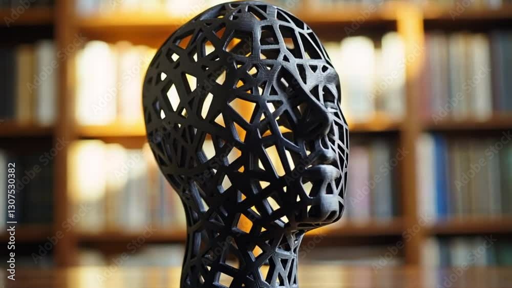 Abstract sculpture head, library setting, art display, possible use in a contemporary art book or magazine
