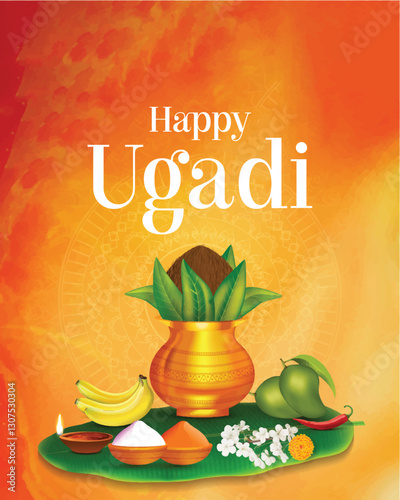 happy Ugadi New Year festival. holiday celebrated by the inhabitants of Karnataka and Andhra Pradesh. abstract vector illustration graphic design.