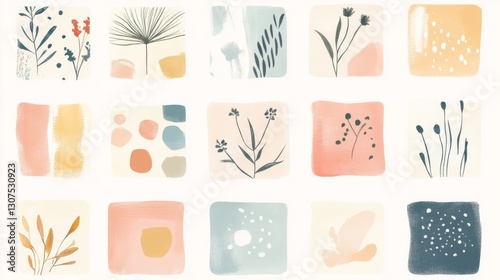 Pastel botanical abstracts with geometric shapes featuring delicate plant illustrations photo