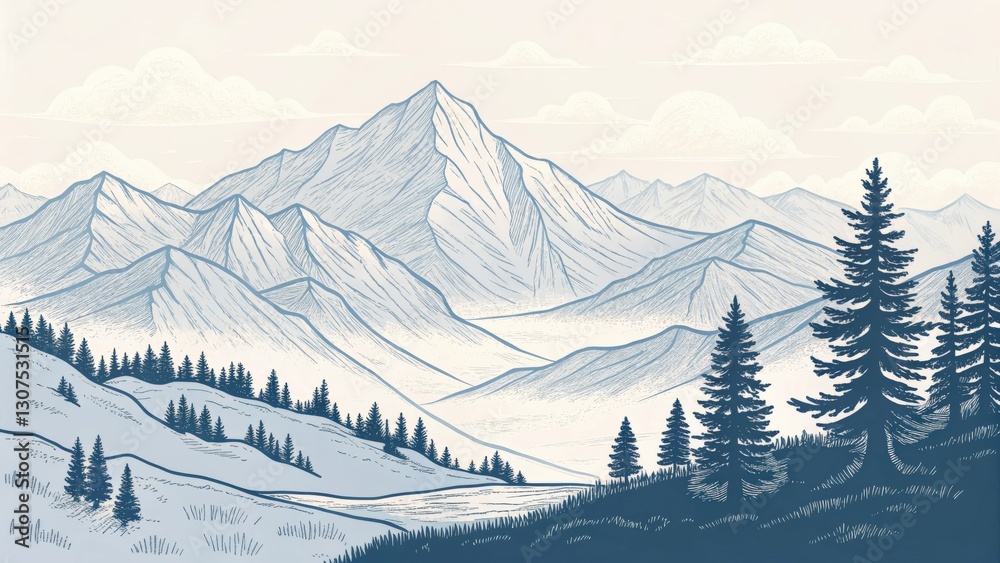 Fototapeta premium a panoramic view of a serene mountain range with layers of peaks and trees. This art captures the majesty of the mountains