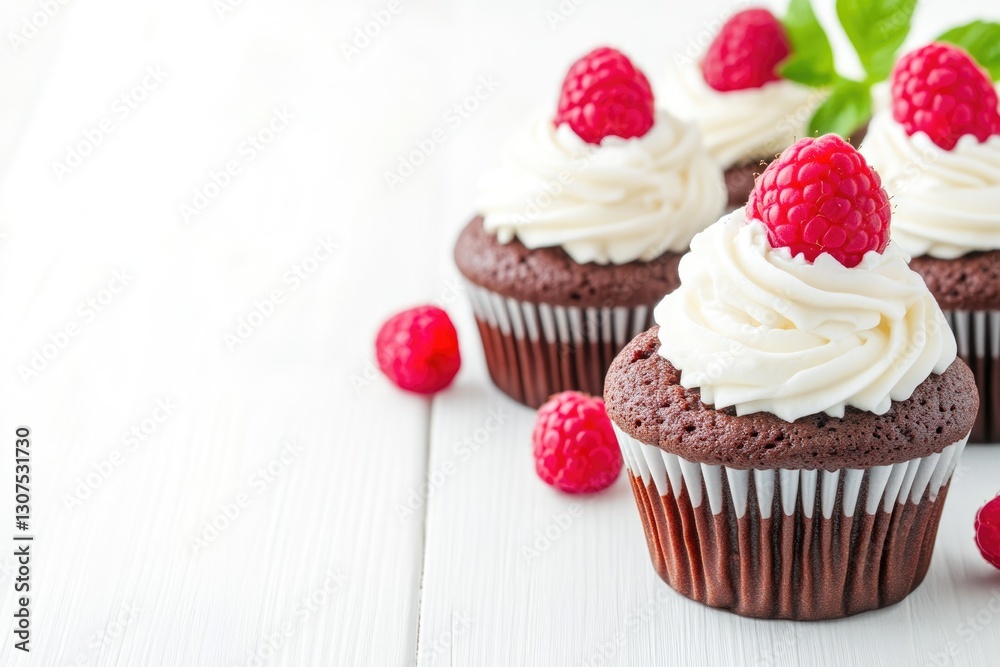 Whipped Cream Topped Raspberry Muffins on Table Whipped Cream Topped Raspberry Muffins on Table