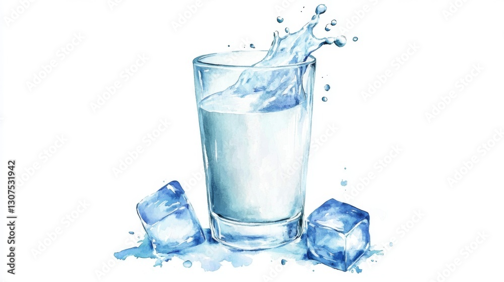 Refreshing splash of milk in a glass surrounded by ice cubes Refreshing splash of milk in a glass surrounded by ice cubes