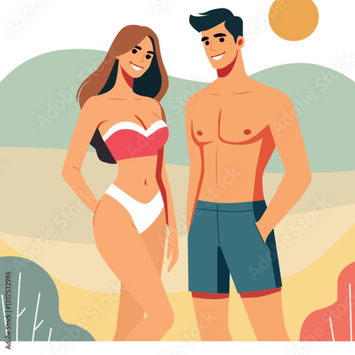 Vector illustration of a happy couple on the beach. A young man in shorts and a woman in a bikini enjoy a sunny summer day. 