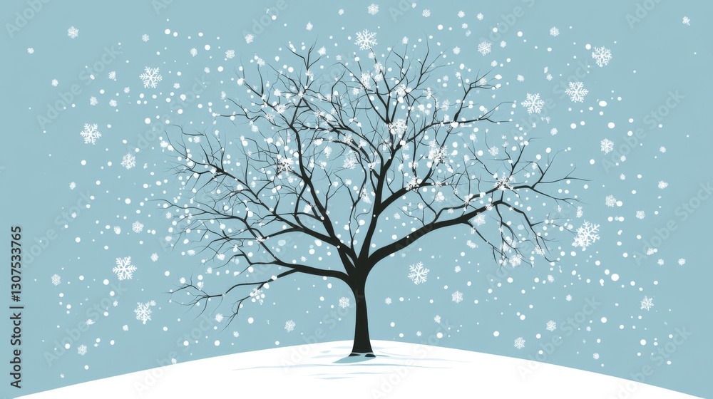 Bare tree on snowy hill with falling snowflakes under light blue sky Bare tree on snowy hill with falling snowflakes under light blue sky