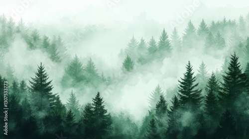 Misty evergreen forest landscape with dense trees and fog