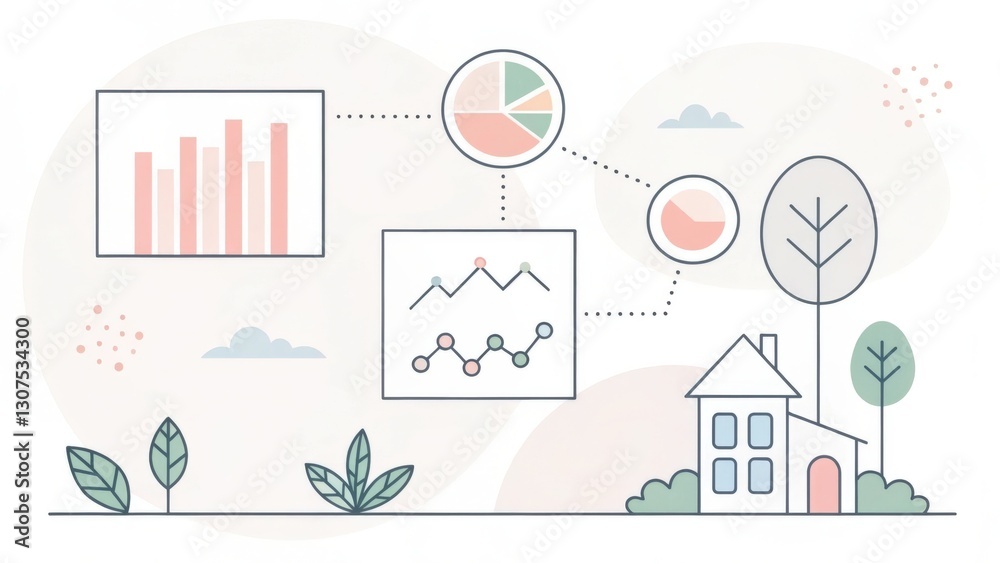 an illustration of a home surrounded by various charts and graphs, suggesting data analysis or financial insights