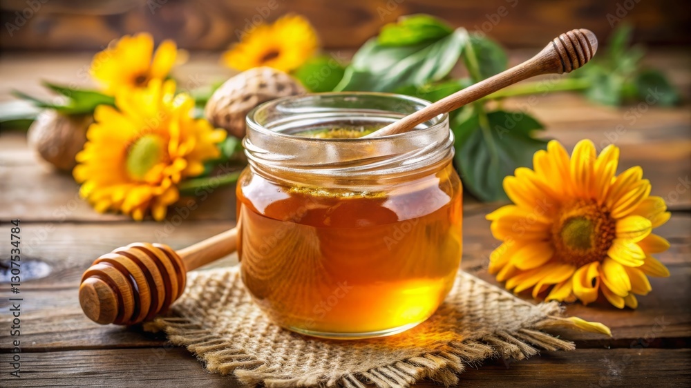 Delicious fresh honey from the farm in a glass jar Delicious fresh honey from the farm in a glass jar