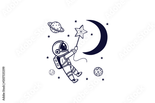 astronaut floating in space silhouette line art vector illustration