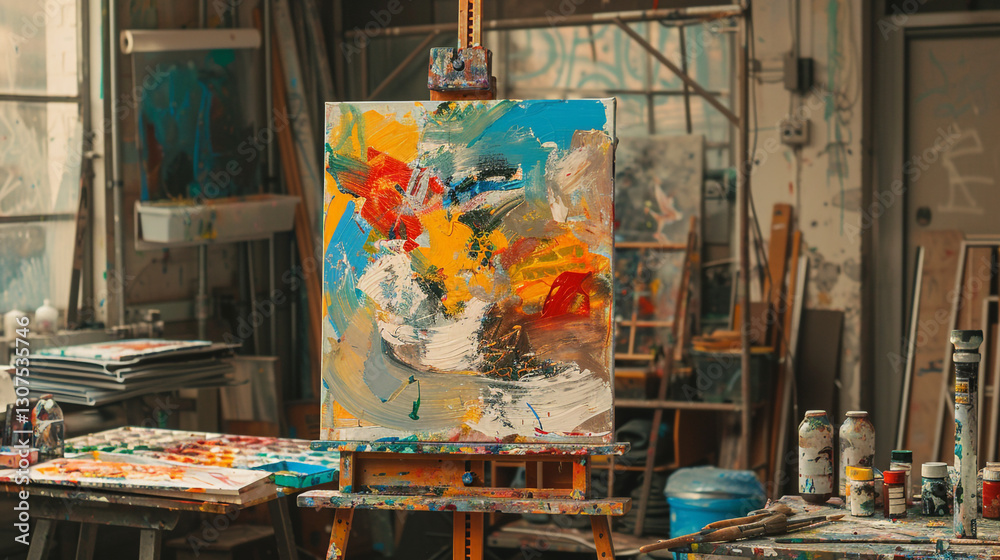 Obraz premium A painter's easel displaying a vibrant abstract painting in a creative studio.