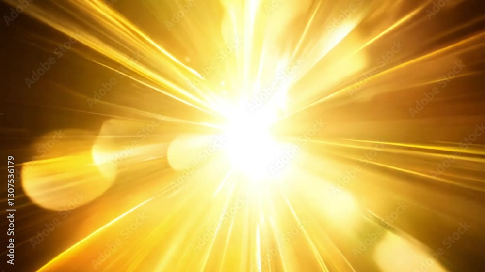 The camera orbits around a central point of brilliant yellow light, rays of light video outwards, establishing scene