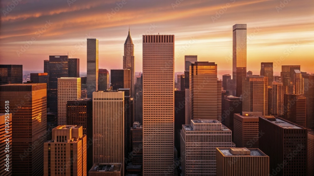 Obraz premium Aerial shot of a city skyline at sunset, with modern buildings casting long shadows, capturing the essence of urban business life.