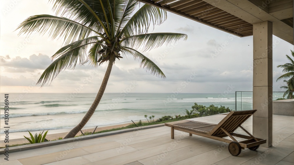 Fototapeta premium Tropical beach view from a modern terrace with lounge chairs at sunset