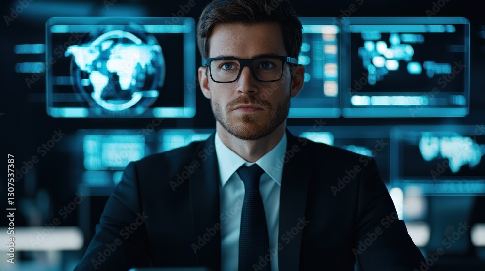 Info business consulting automation concept. Professional man in suit with glasses in a high-tech environment. Info business consulting automation concept. Professional man in suit with glasses in a high-tech environment.