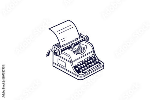 typewriter with a sheet of paper silhouette line art vector illustration