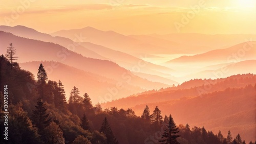 a breathtaking view of layered mountains at sunrise. The peaks are partially shrouded in mist, illuminated by warm sunlight. A forest with towering trees in the foreground