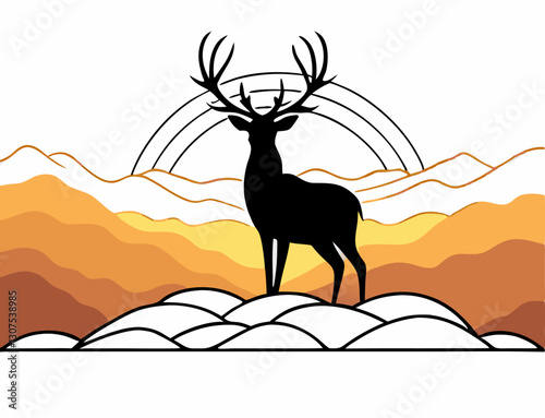 Deer silhouette of a majestic stag standing before a sunset landscape with dramatic skies and a mountainous horizon—minimalist vector illustration capturing natural beauty and wilderness tranquility.