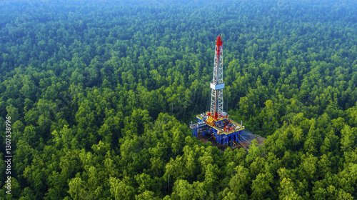 Oil drilling rig surrounded by dense green forest, showcasing industrial activity in nature