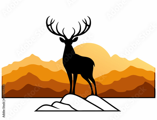 Deer silhouette of a majestic stag standing before a sunset landscape with dramatic skies and a mountainous horizon—minimalist vector illustration capturing natural beauty and wilderness tranquility.