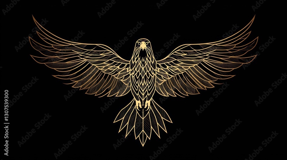 Obraz premium Golden eagle spreading wings, poised, centered on black backdrop. Artistic depiction