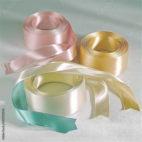 Vibrant, metallic-finish celebration ribbons coiled and draped on a pure white background. The ribbons feature a mix of saturated colors with a lustrous, reflective quality.