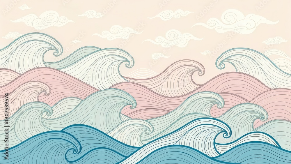 an artistic illustration of waves in pastel colors, evoking a sense of calm and serenity an artistic illustration of waves in pastel colors, evoking a sense of calm and serenity