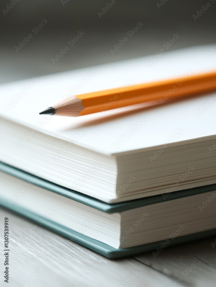 A close-up of stacked blank notebooks with an orange pencil resting on top, ideal for educational or creative projects, showcasing simplicity and inspiration in writing or study settings, A close-up of stacked blank notebooks with an orange pencil resting on top, ideal for educational or creative projects, showcasing simplicity and inspiration in writing or study settings,