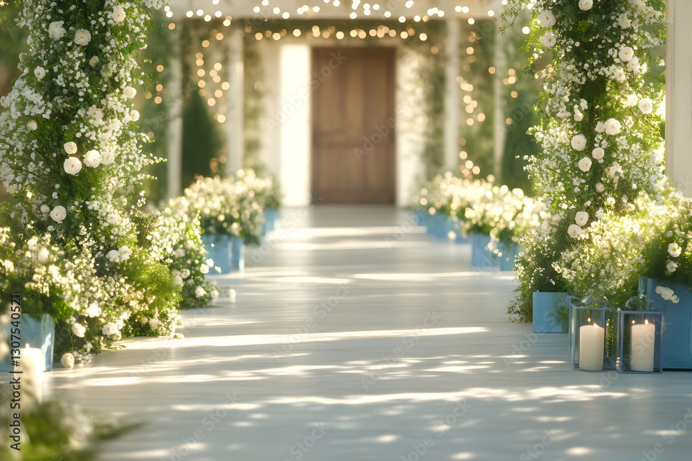 Obraz premium Elegant outdoor wedding aisle with white flowers, lanterns, and wooden door leading to ceremony. Perfect for wedding invitation or website background