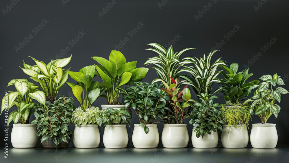 Row of lush indoor plants in ceramic pots against a dark background, perfect for botanical-themed designs and text placement