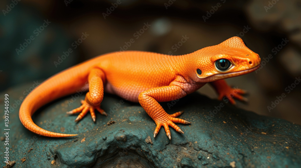 Vibrant orange lizard with detailed scales resting on a dark textured rock, staring ahead