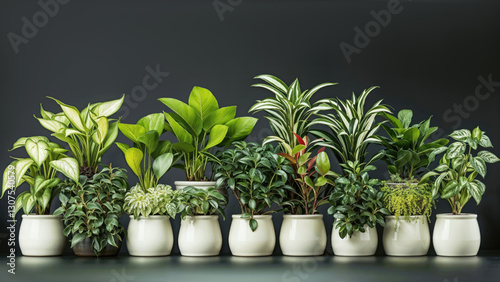 Obraz na płótnie Row of lush indoor plants in ceramic pots against a dark background, perfect for botanical-themed designs and text placement w salonie
