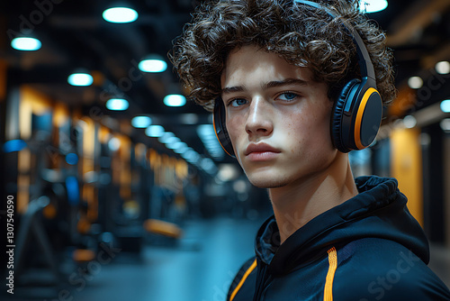 Young man with curly hair wearing headphones in a gym.  Serious, determined expression.  Concept of fitness, motivation, and music.  Ideal for advertising, fitness blogs, or health  wellness websites.