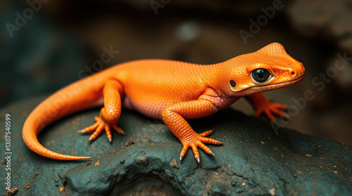 Obraz na płótnie Vibrant orange lizard with detailed scales resting on a dark textured rock, staring ahead w salonie