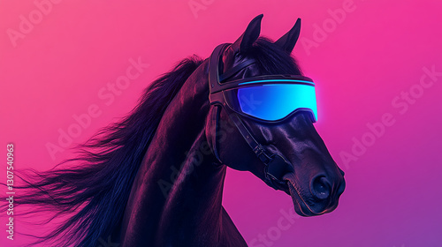 Black horse head, futuristic goggles, pink background,  symbolizing technology, modernity, and elegance in equestrianism photo