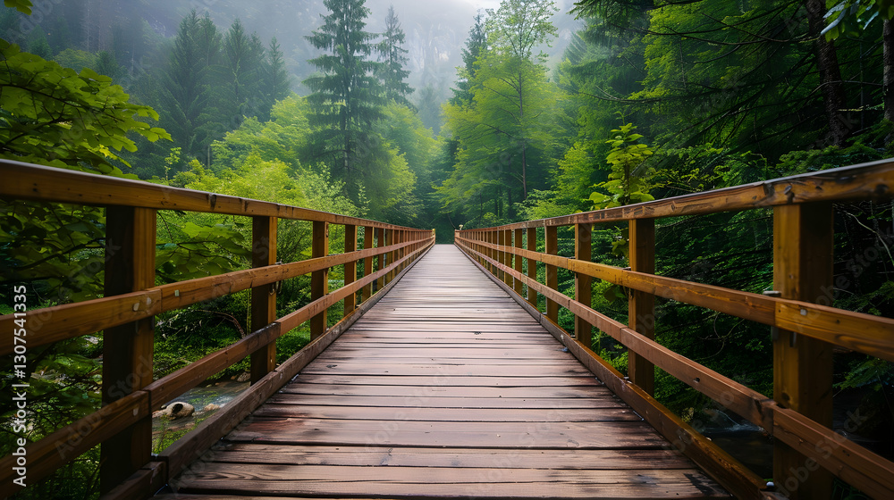 Fototapeta premium Wooden Bridge Through a Misty Forest Path