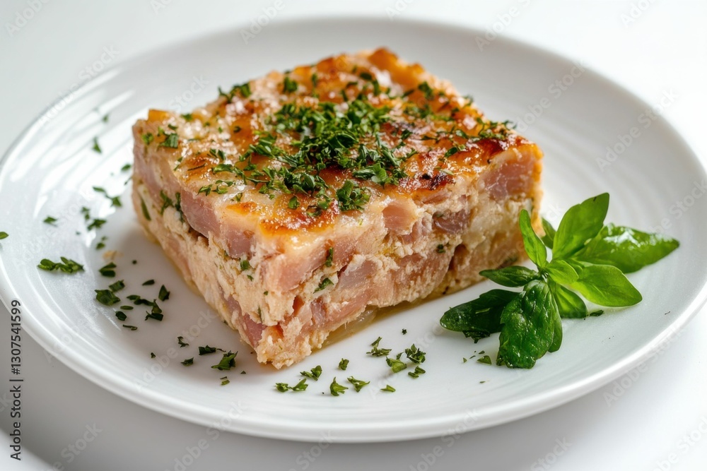 Thon Crumbly Piece on White Plate. Cooked Tuna Fish Food Isolated on White Background Thon Crumbly Piece on White Plate. Cooked Tuna Fish Food Isolated on White Background