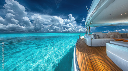 A luxury yacht glides effortlessly through clear turquoise waters while white clouds contrast against a vibrant blue sky, showcasing serene ocean beauty.