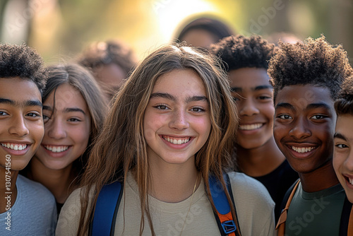 A group of happy teenagers smiles together in a sunlit park. They showcase joy and camaraderie while enjoying time together