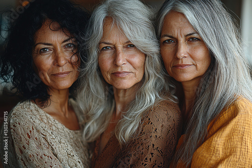 Three mature women with varying hairstyles and skin tones stand closely together, exuding confidence and grace. 