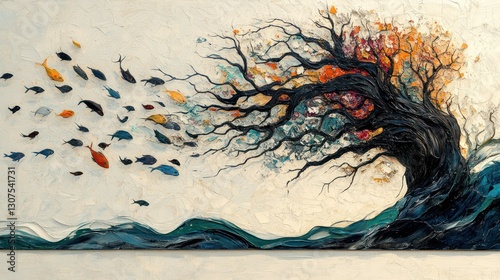 Windswept Tree, Fish, Ocean Canvas