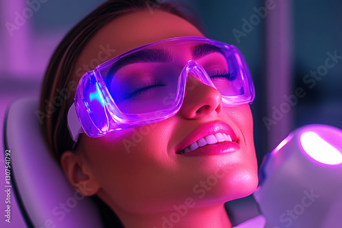 A young woman is receiving a skincare treatment, wearing protective goggles while lying comfortably in a spa chair. She is experiencing LED light therapy, aiming for skin rejuvenation and glow. photo