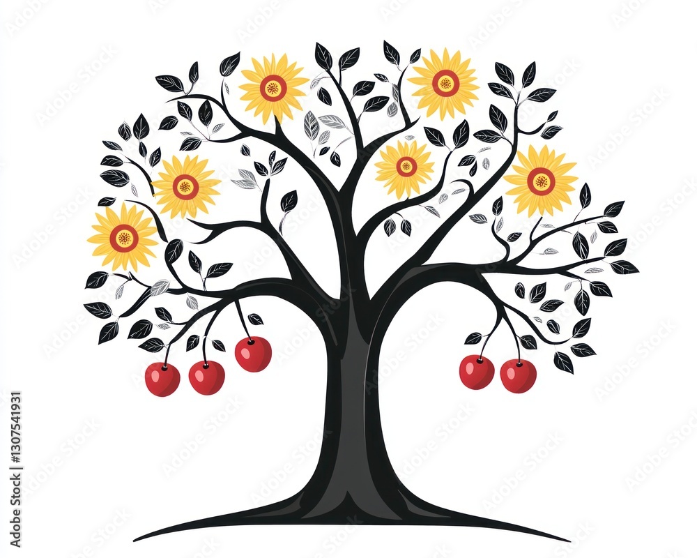 Fototapeta premium Decorative Tree with Apples and Sunflowers