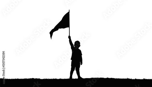 Child holding flag in silhouette against white background